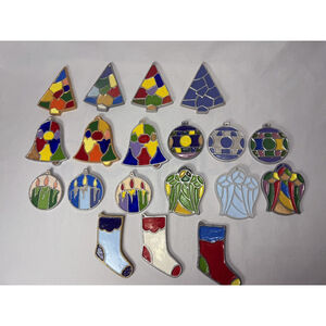 Vintage Lot Of 19 Hand Painted Ceramic Christmas Ornaments Stained Glass Look